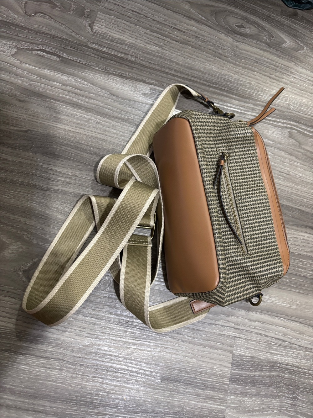 Denver Hayes Tan Leather-Trim & Olive Stripe Crossbody Bag
